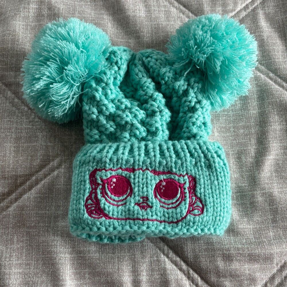 Culturefly L.O.L. Surprise! Teal Double Pom Pom Beanie Hat Embroidered Face